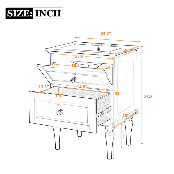 English Elm 24'' French-Style Bathroom Vanity with Ceramic Sink, Black Long Legs, 2 Drawers, Moisture-Resistant Elegance N710P195621B