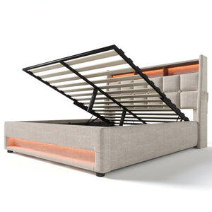 English Elm Full Upholstered Platform Bed with Hydraulic Storage, LED Lighting, USB Ports, Linen Wood Metal Design Natural AA20690708B