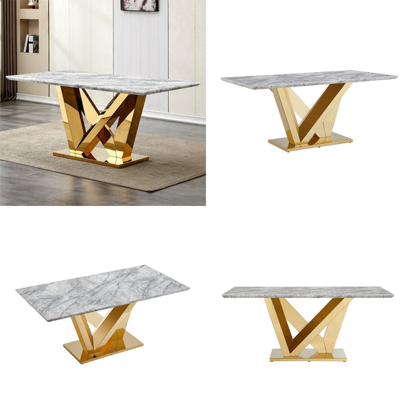 English Elm Marble Dining Table For 6-8, 74.8'' Rectangular Faux Marble Top With Mirrored Stainless Steel Base W3456S00045
