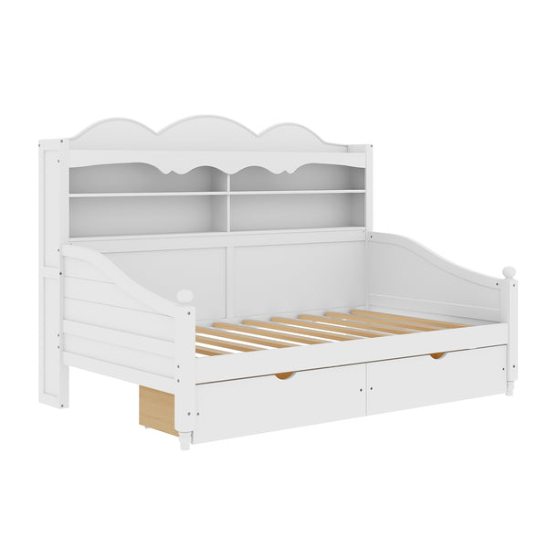 English Elm Twin Daybed Retro Wood Frame with Under Bed Drawers and Headboard Shelving White N733S415358K