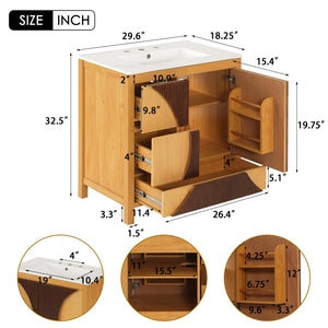 English Elm 30 Inch Fluted Freestanding Bathroom Vanity Solid Wood Soft Close Spa Style W5278S00003