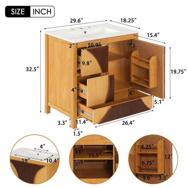 English Elm 30 Inch Fluted Freestanding Bathroom Vanity Solid Wood Soft Close Spa Style W5278S00003