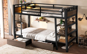 English Elm Full Size Metal Loft Bed with Stair Storage Shelves Bookshelf for Dorms Bedroom W1580S00346