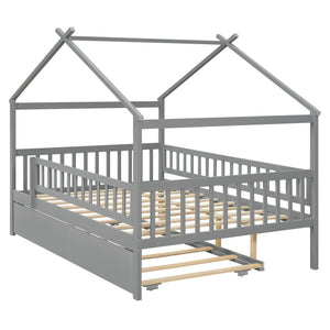 English Elm Full Size Pine House Bed with Roofline Frame and Roll Out Twin Trundle for Kids Gray LP100306AAE