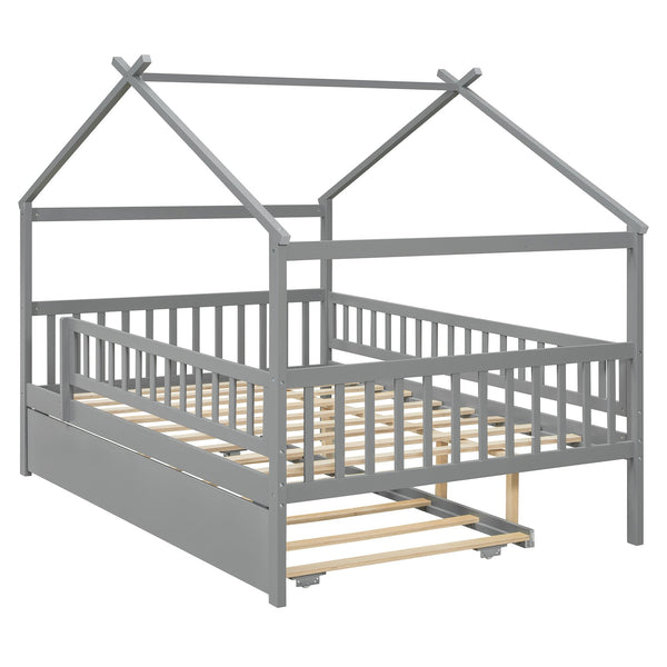 English Elm Full Size Pine House Bed with Roofline Frame and Roll Out Twin Trundle for Kids Gray LP100306AAE