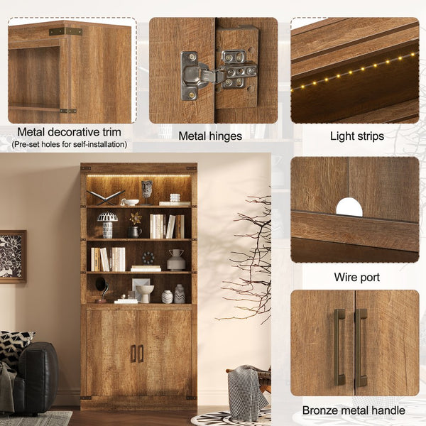 English Elm 83.4"Tall Modern Bookshelf with Doors Walnut, LED Accent Lighting, 3 Adjustable Shelves, Storage Cabinet N751S346154W