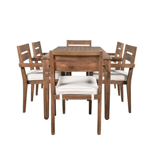 English Elm U_style Solid Acacia Wood Patio Dining Set Six Stackable Chairs Cushions Modern Outdoor Burly Wood WY000459AAD