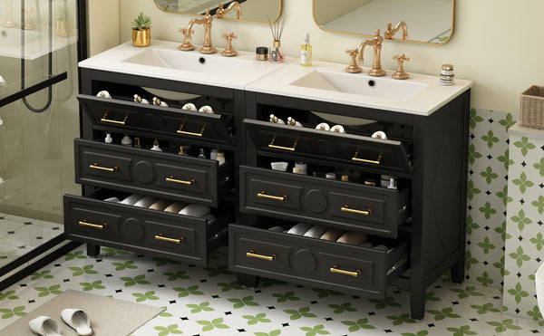 English Elm 60'' Elegant Black Bathroom Vanity Set With Ceramic Sink, 6 Drawers, Solid Wood Frame & Storage N710SS00003B