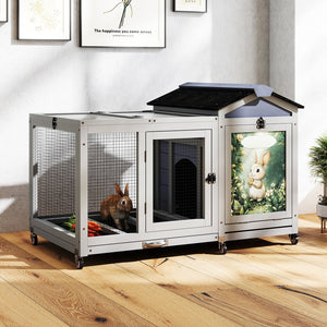 English Elm Wooden Pine Rabbit Hutch Dual Compartment Pet House with Casters Weatherproof Roof W2181P356189
