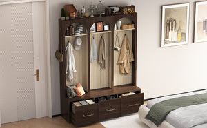 English Elm Farmhouse Hall Tree with Arched Panels Bench Drawers and Hooks for Mudroom Entryway Walnut W5271S00006