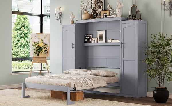 English Elm Full Full Size Murphy Bed with Two Wardrobes and Foldable Platform, Space-Saving Modern Guest Solution Gray 84.9 L x 12 W x 7 H N733S235596E