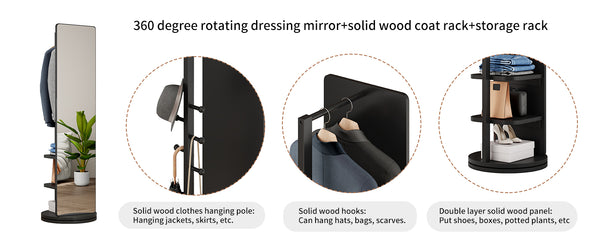 English Elm 360° Swivel Full Length Mirror with Coat Hooks Solid Rubberwood Frame Bedroom Entryway W2987P225480