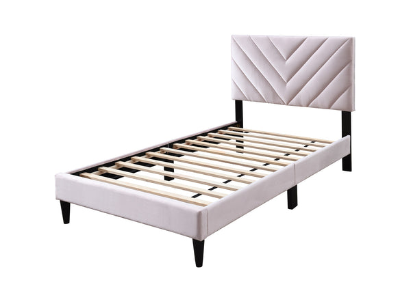English Elm 1pc Twin Platform Bed Velvet Upholstered Adjustable Headboard V-stitch Blush Bedroom Light Pink B011P415213