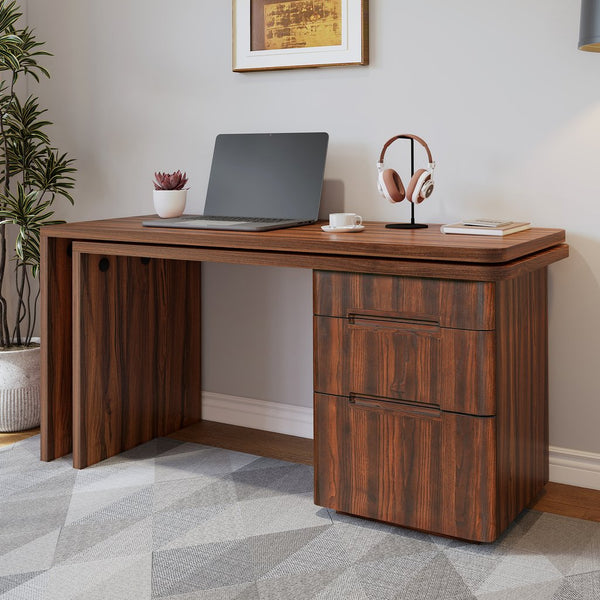 English Elm 90" Rotating L-shape Executive Desk Natural Melamine Mdf Surface Three Drawers Home Office Walnut N751S383638W