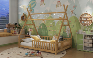 English Elm Twin Montessori Floor Bed House Frame with Led Lighting and Safety Rails for Kids Natural W2593P440591