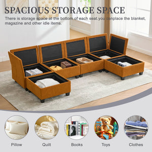 English Elm UNITED Modular 6-Seat Sectional Sofa with Removable Ottoman, Storage Compartments, Convertible Comfort Orange W1568S00246