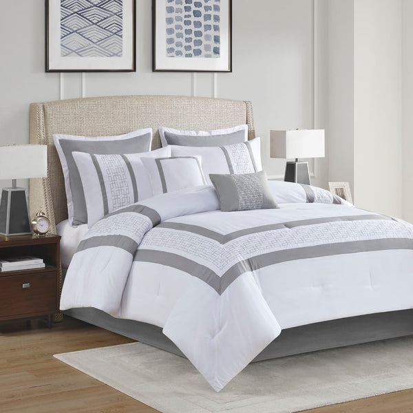 JLA Home 510 Design - 8 Piece Embroidered Comforter Set Hotel-Inspired Transitional Bedding with Hypoallergenic Fill & Elegant Trim White 5DS10-0281