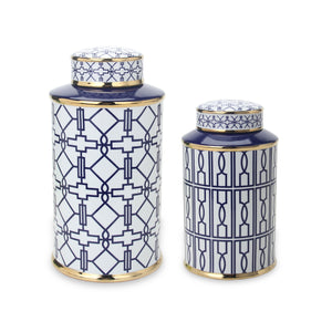English Elm Elegant White Ceramic Ginger Jar With Blue Geometric Pattern - Versatile Home Decor Accent Piece B030P308553