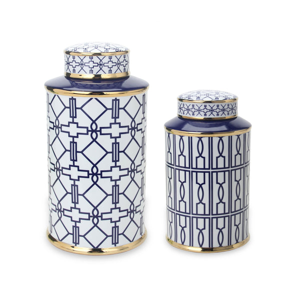 English Elm Elegant White Ceramic Ginger Jar With Blue Geometric Pattern - Versatile Home Decor Accent Piece B030P308553