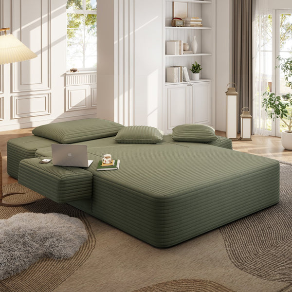 English Elm Luxurious Corduroy Frameless Chaise with Sleeper Conversion Foam Cushioning and Storage Pocket Green W3219P459765