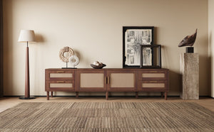 English Elm 78 Inch Rattan Media Console with Pine Legs Four Drawers Modern Living Room Tv Stand N710P365048P