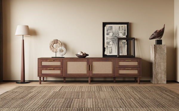 English Elm 78 Inch Rattan Media Console with Pine Legs Four Drawers Modern Living Room Tv Stand N710P365048P