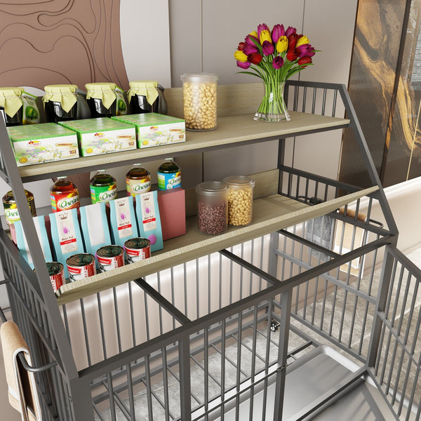 English Elm Large Pet Cage with Iron Frame Mdf Panels Storage Rack and Steel Feeding Basins Beige,Black W3064P245386
