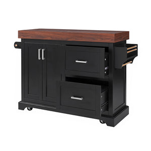 English Elm K&k Rolling Kitchen Island with Walnut Grain Countertop Drawers and Spice Rack Black N707S000025B