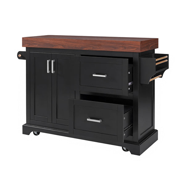 English Elm K&k Rolling Kitchen Island with Walnut Grain Countertop Drawers and Spice Rack Black N707S000025B