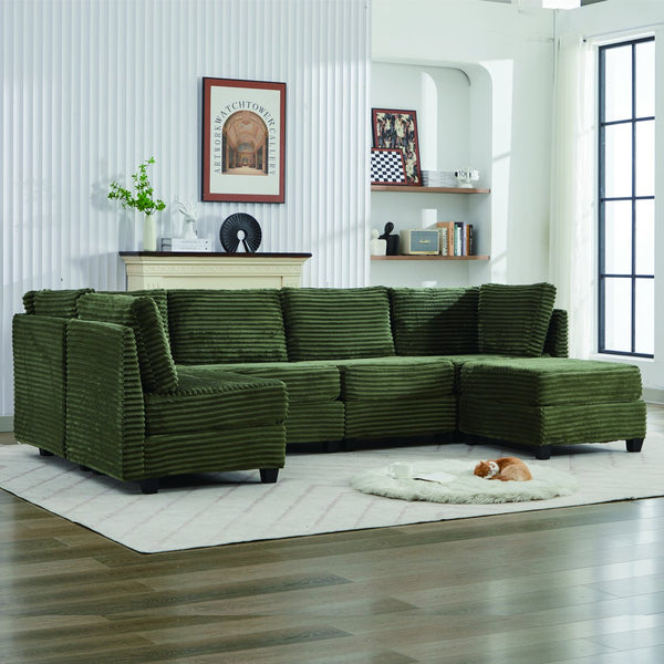 English Elm Corduroy Plush U-Shaped Sectional Sofa with Storage Ottoman, Pet-Friendly Durable Modular Comfort Green W2915S00065
