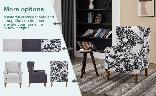 English Elm Coffee Table & Armchair Set with Vintage Roman Column Legs, Breathable Fabric, Solid Rubberwood Craftsmanship Antique White+Gray W2989P339882