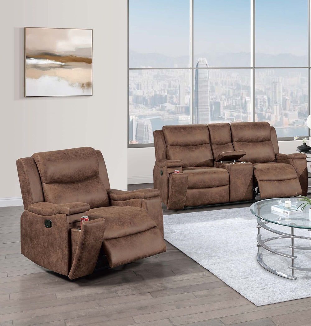 English Elm Modern Reclining Sofa Set Leather Like Upholstery Cup Holders Plush Living Room Auburn B011S02425