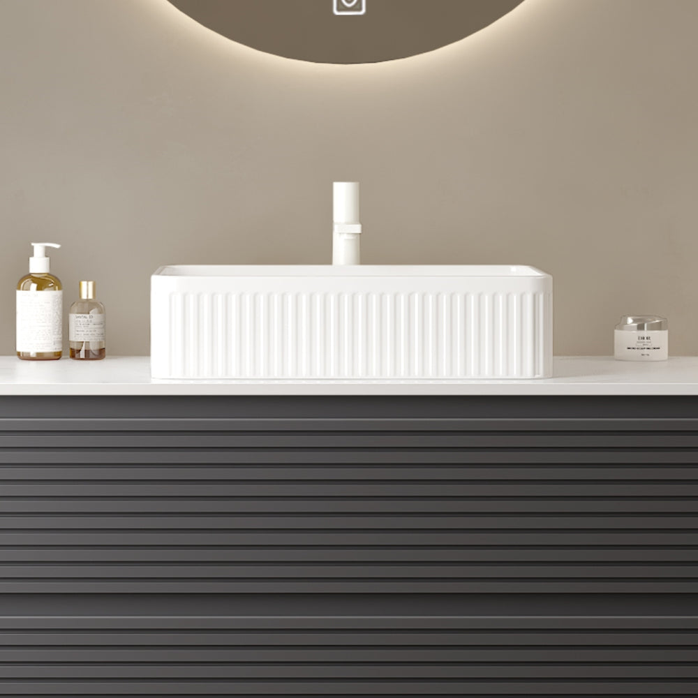 English Elm 20'' Ceramic Vessel Sink 20'' Rectangular Striped Basin Glossy French-Style Rim Durable Easy-Clean White W2615P193350