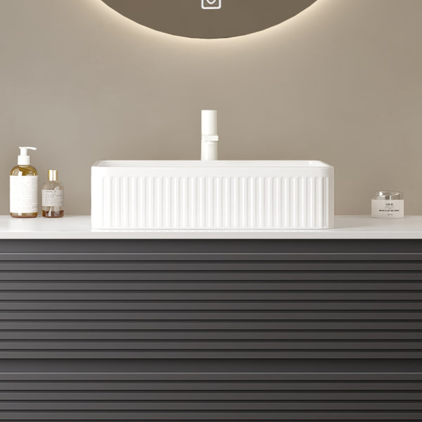 English Elm 20'' Ceramic Vessel Sink 20'' Rectangular Striped Basin Glossy French-Style Rim Durable Easy-Clean White W2615P193350