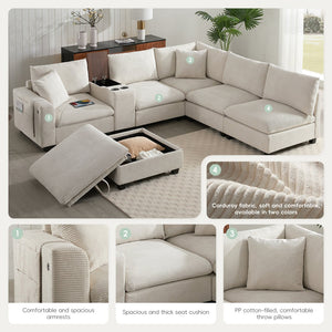 English Elm 139'' U-shaped Corduroy Sectional with Ottoman Console Usb Port and Cup Holders for Living Beige N723S1166A