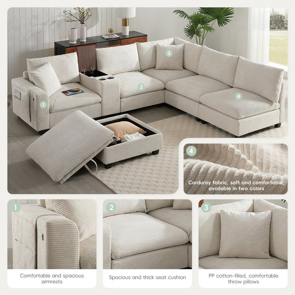 English Elm 139'' U-shaped Corduroy Sectional with Ottoman Console Usb Port and Cup Holders for Living Beige N723S1166A