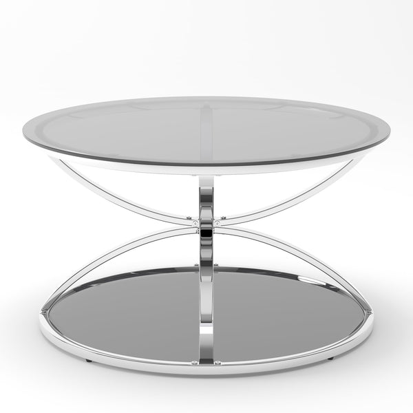 English Elm 31.50'' Round Chrome Ring Glass Coffee Table Two Tier Smoked Tempered Top Modern Living Room W757P412804