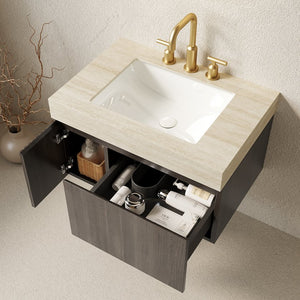 English Elm Muri Floating Bathroom Vanity Plywood Cabinet Travertine Stone Top Espresso Woodgrain W2615S00613