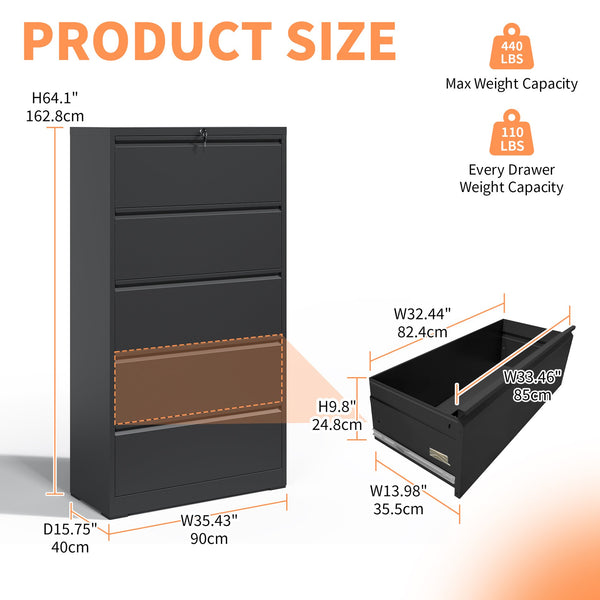 English Elm 5 Drawer Metal Lateral File Cabinet with Secure Locking System, Smooth Powder Coat, Quiet Ball-Bearing Slides for Heavy-Duty Legal and A4 Document Organization Black T2398P182180