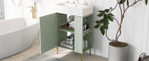 English Elm 21.6" Green Bathroom Vanity with Ceramic Sink, Right Side Storage, Gold Legs, Soft-Close Hinges, Modern Design SV000006AAF