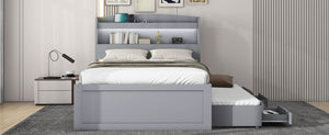 English Elm Twin XL Platform Bed with LED Headboard, Built-In Charging Station, Trundle & 2 Drawers for Space-Saving Bedrooms Gray GX001829AAE