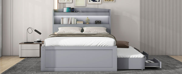 English Elm Twin XL Platform Bed with LED Headboard, Built-In Charging Station, Trundle & 2 Drawers for Space-Saving Bedrooms Gray GX001829AAE
