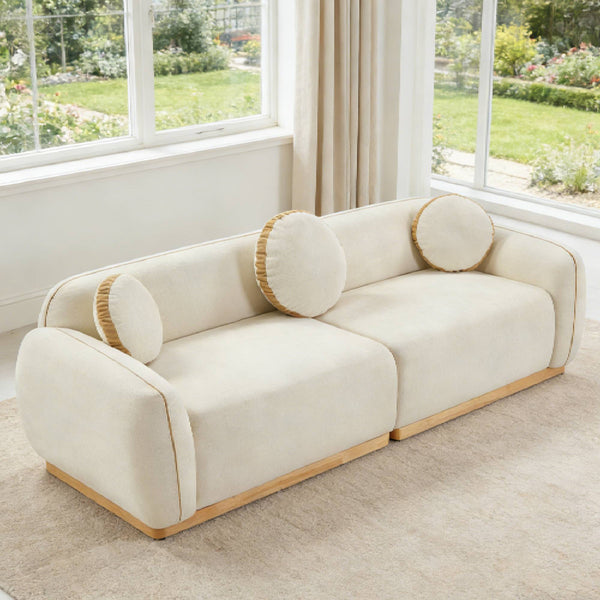 English Elm 90.94'' Three Seat Contemporary Curved Sofa with Round Accent Pillows for Modern Living Beige+White W2085S00093