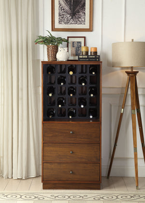 English Elm Wiesta Wiest a Walnut Finish Wine Cabinet with 25-Bottle Rack, 3 Drawers, MDF Veneer, Free-Standing Elegance B2726P281467