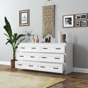 English Elm Modern White 6-Drawer Side Cabinet with Metal Handles – Spacious Wood Chest for Living Room, Bedroom Storage W331S00164