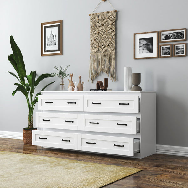 English Elm Modern White 6-Drawer Side Cabinet with Metal Handles – Spacious Wood Chest for Living Room, Bedroom Storage W331S00164