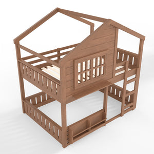 English Elm Full Bunk Bed with Trundle Bookshelf Storage Pine Frame Car Design for Kids Natural W1580S00522