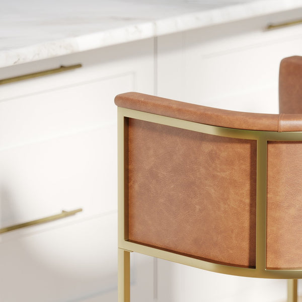 English Elm 26" Counter Stool Tufted Faux Leather Seat with Brass Metal Base for Kitchen Islands Brown Pu B2751P436482