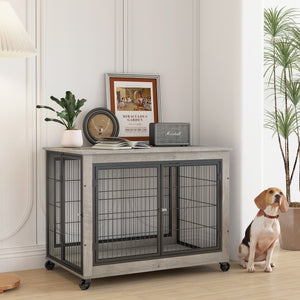 English Elm Furniture Style Dog Crate Side Table on Wheels with Double Doors, Lift-Top, Grey — Safe, Mobile, 38.58"w x 27.36"h W116291737