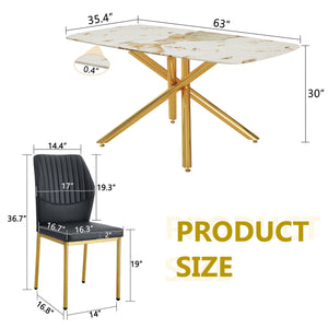 English Elm Table and Chair Set Marble Glass Top Six Seats Gold Legs Modern Dining Room W1151S04543
